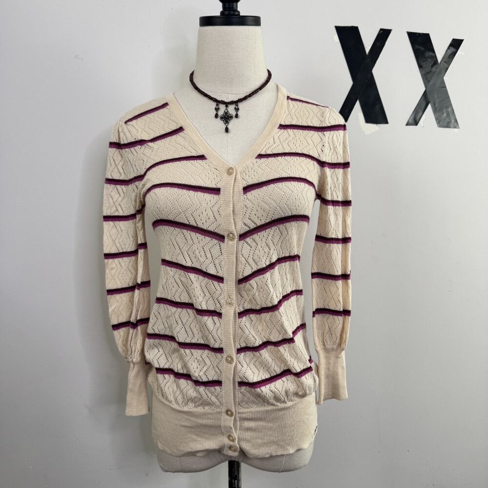 Vintage Y2K Ivory Striped Pointelle Knit Cardigan V Neck Indie Preppy M